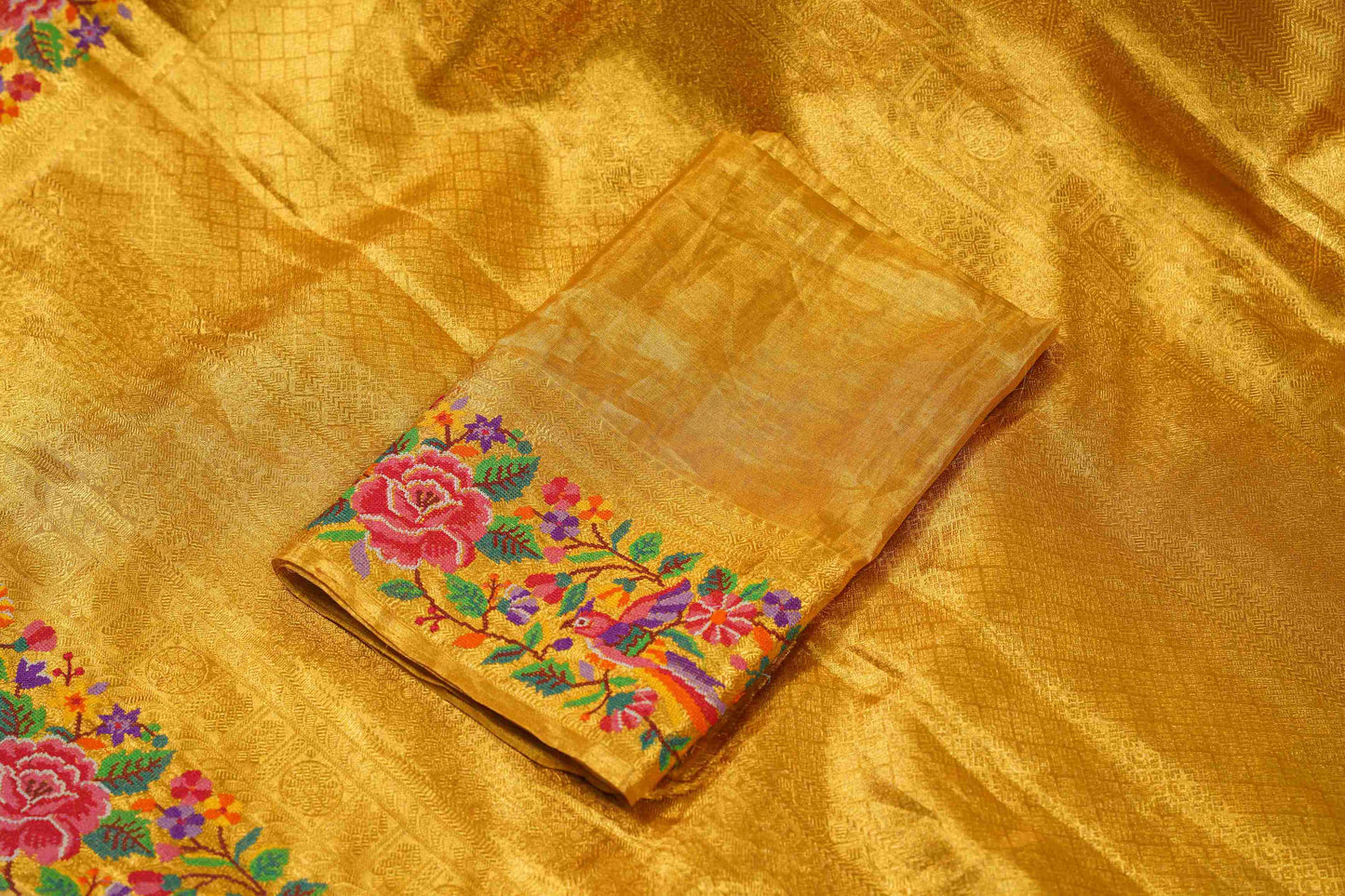 Yellow Brocade Kanchi Saree with Pink & Purple Petite Border