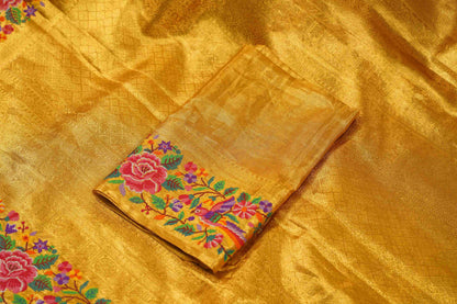 Yellow Brocade Kanchi Saree with Pink & Purple Petite Border