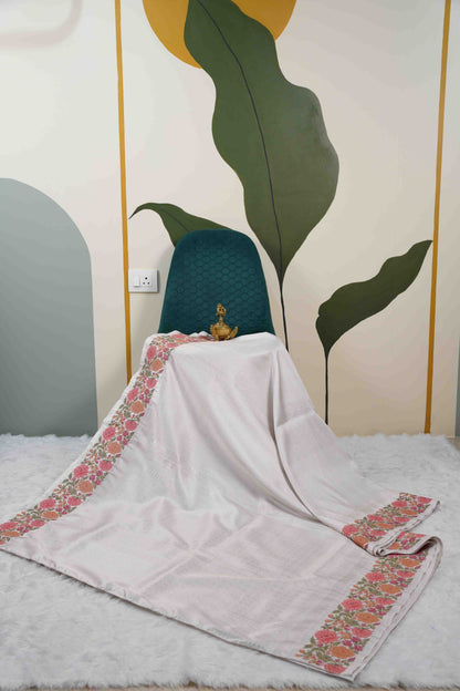 Silver Brocade Kanchi Saree with Orange & Pink Floral Petite Border