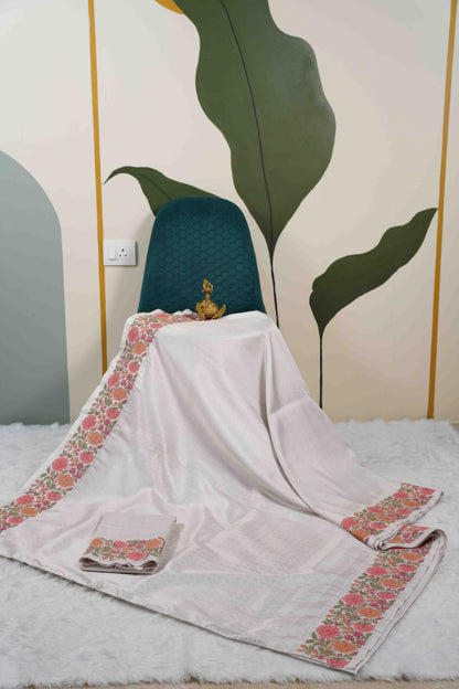 Silver Brocade Kanchi Saree with Orange & Pink Floral Petite Border