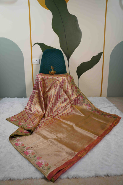 Gold Kanchi Saree with Red & Yellow Lines and Pink Lotus Flowers Petite Border
