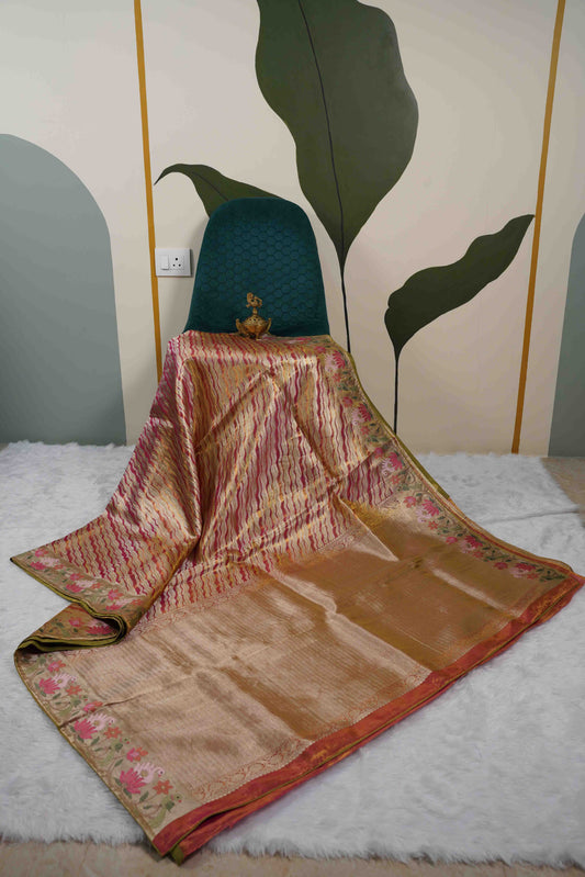 Gold Kanchi Saree with Red & Yellow Lines and Pink Lotus Flowers Petite Border