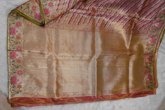 Gold Kanchi Saree with Red & Yellow Lines and Pink Lotus Flowers Petite Border