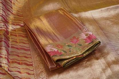 Gold Kanchi Saree with Red & Yellow Lines and Pink Lotus Flowers Petite Border