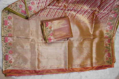 Gold Kanchi Saree with Red & Yellow Lines and Pink Lotus Flowers Petite Border