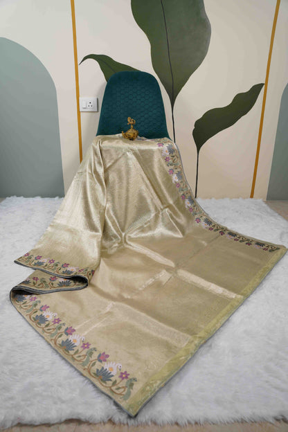 Gold Brocade Tissue Kanchi Saree with Swans & Purple Floral Petite Border