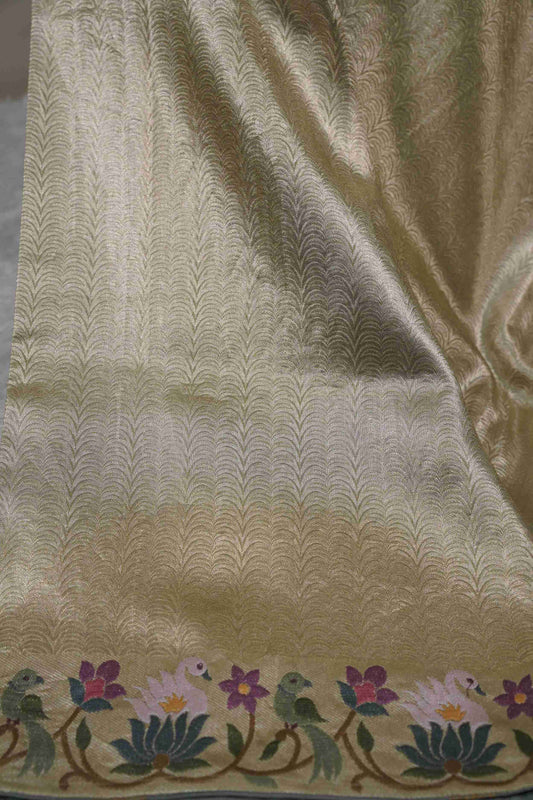 Gold Brocade Tissue Kanchi Saree with Swans & Purple Floral Petite Border