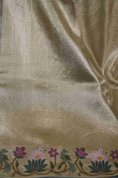 Gold Brocade Tissue Kanchi Saree with Swans & Purple Floral Petite Border