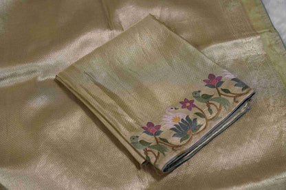 Gold Brocade Tissue Kanchi Saree with Swans & Purple Floral Petite Border