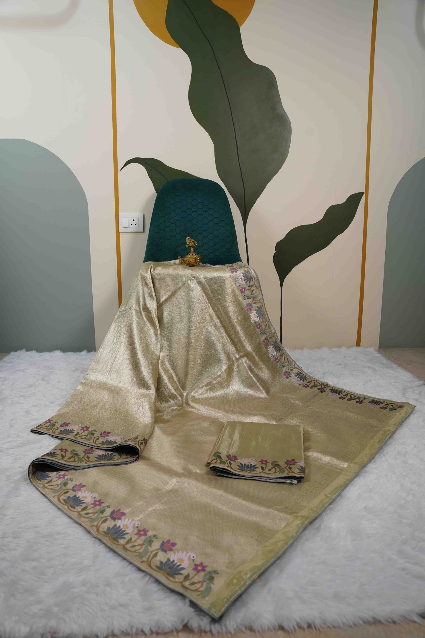 Gold Brocade Tissue Kanchi Saree with Swans & Purple Floral Petite Border