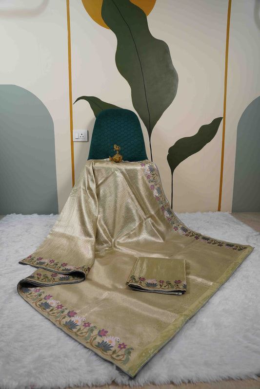 Gold Brocade Tissue Kanchi Saree with Swans & Purple Floral Petite Border
