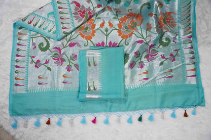 Powder Blue Tissue Saree paithani border