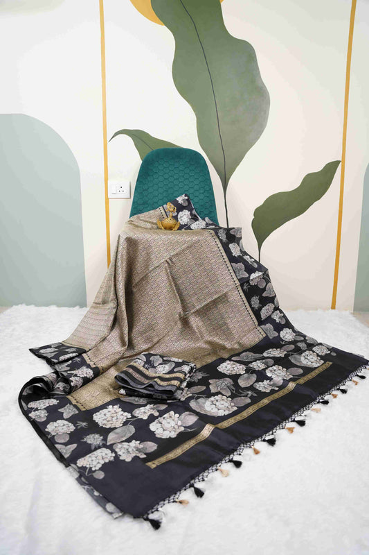 Brocade Banaras Digital print border - Black