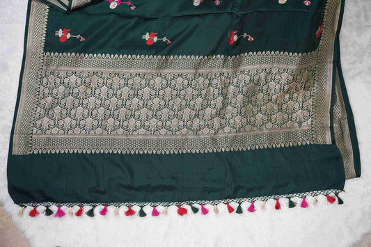 Bottle Green Mashru with red meenakari butti