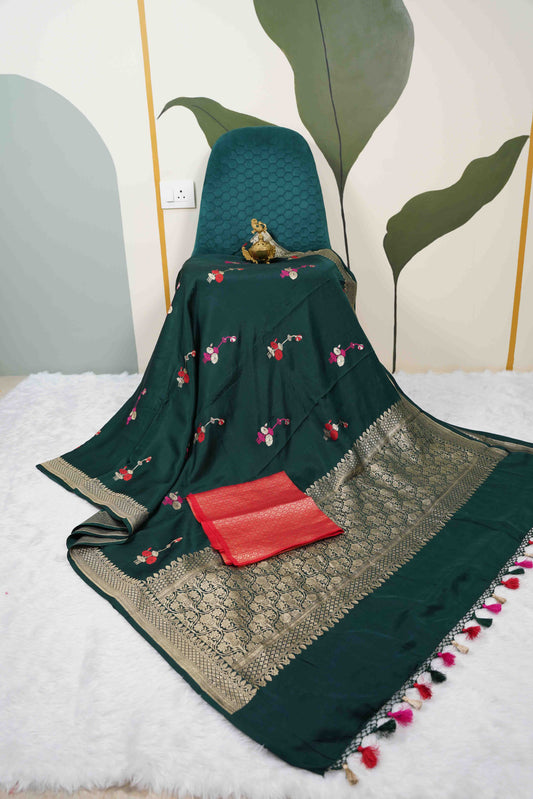 Bottle Green Mashru with red meenakari butti