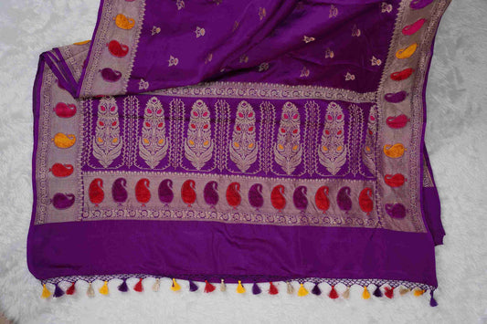 Purple Mashru with velvet mango motifs border