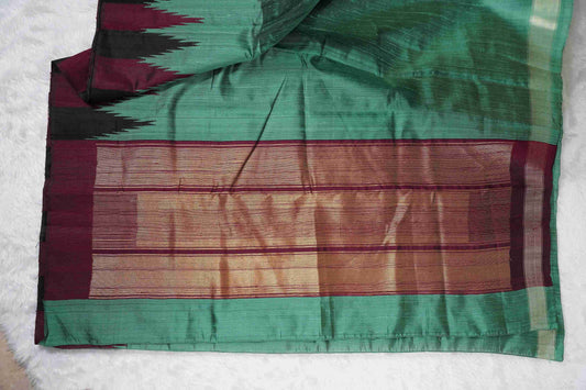 Tussar Green with maroon temple border
