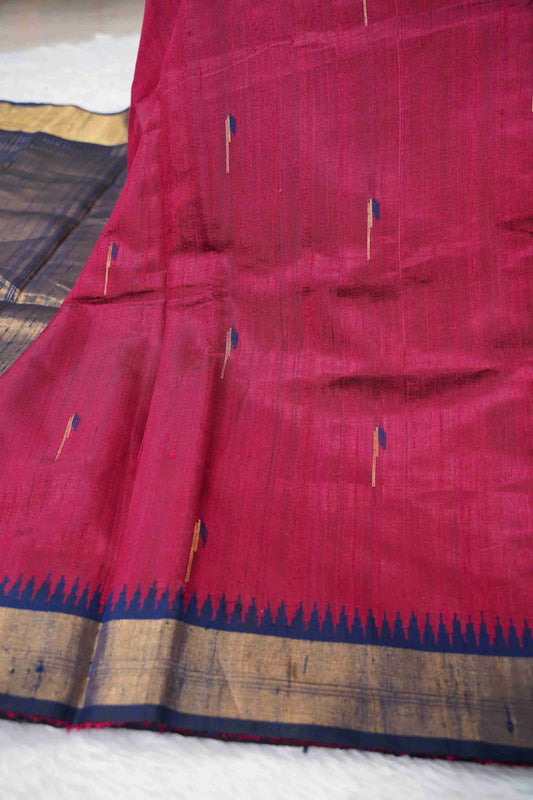 Tussar Maroon w blue temple border munia butti