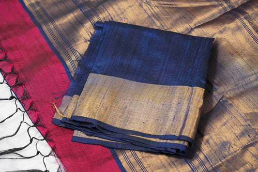 Tussar Maroon w blue temple border munia butti