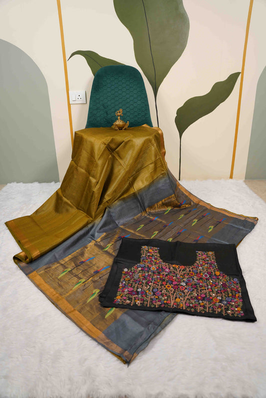 Silk with Pithani Pallu - Mehindi green with blue pallu