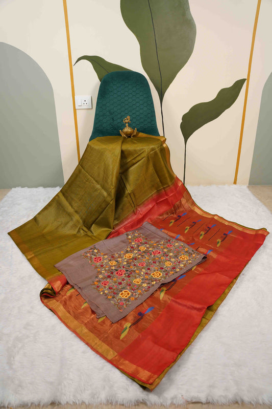 Olive Green Soft Silk with Paithani Patterned Pallu