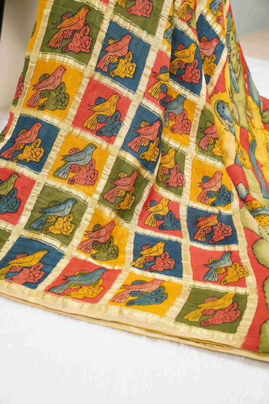 Gajji Silk Kalamkaari with Beige  Village Pallu