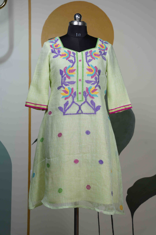 Pastel Pista Green Jamdhani Jute Dress