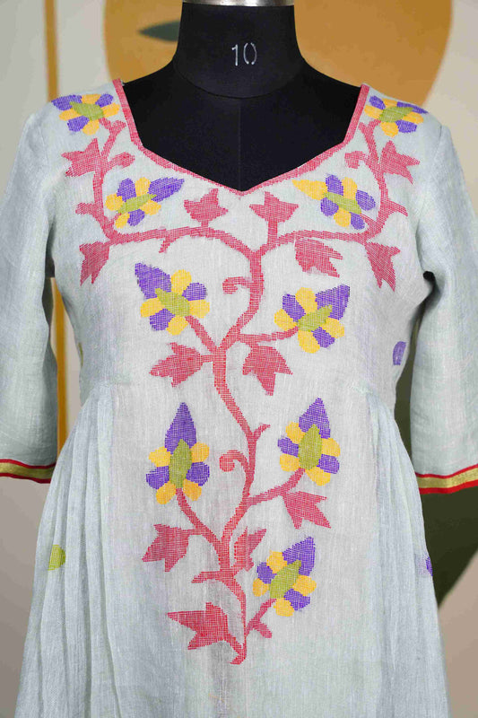 Pastel Parrot Green Jamdhani Jute Dress