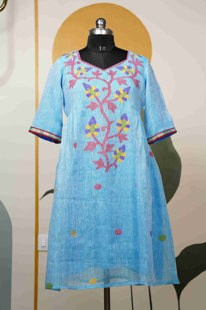 Sky Blue Jamdhani Jute Dress