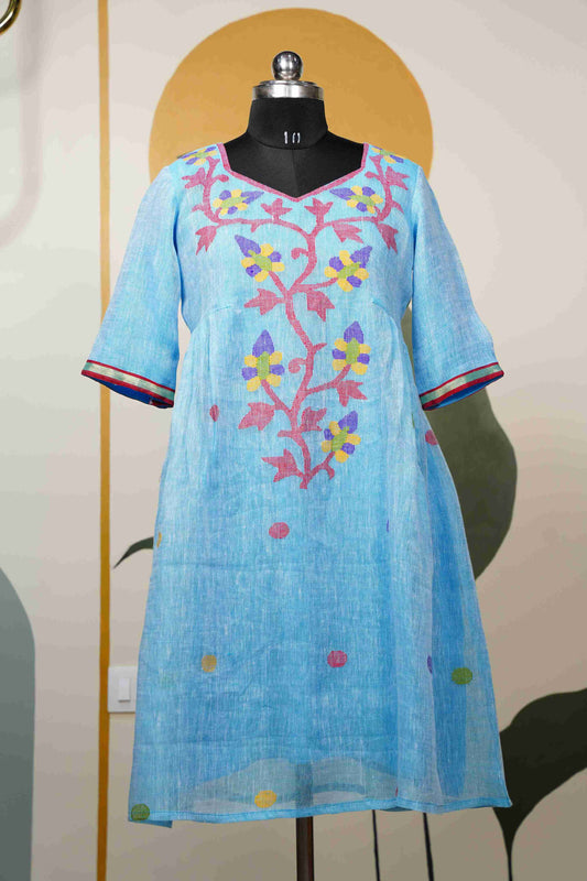Sky Blue Jamdhani Jute Dress