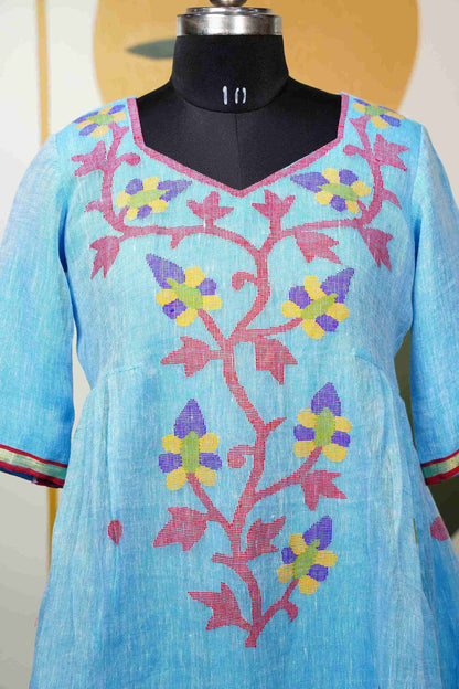 Sky Blue Jamdhani Jute Dress