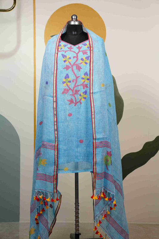 Sky Blue Jamdhani Jute Dress