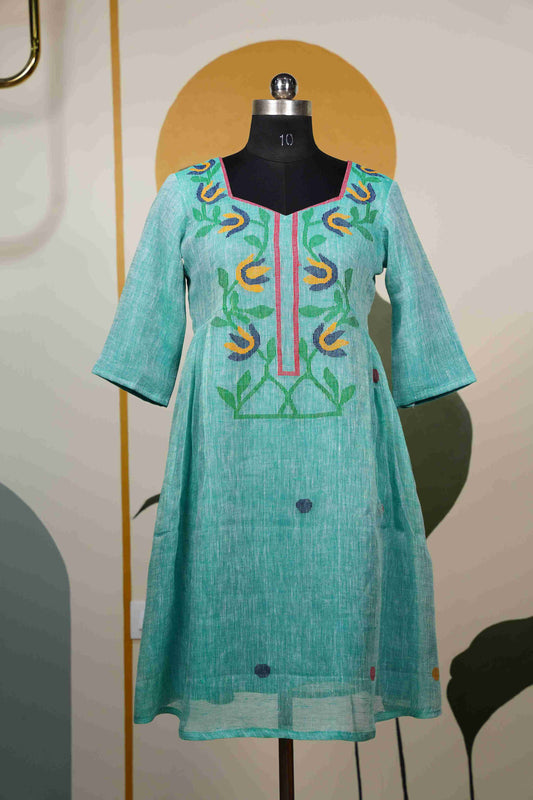 Pastel Sea Green Jamdhani Jute Dress