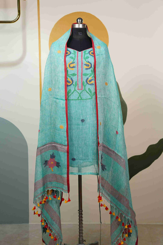 Pastel Sea Green Jamdhani Jute Dress