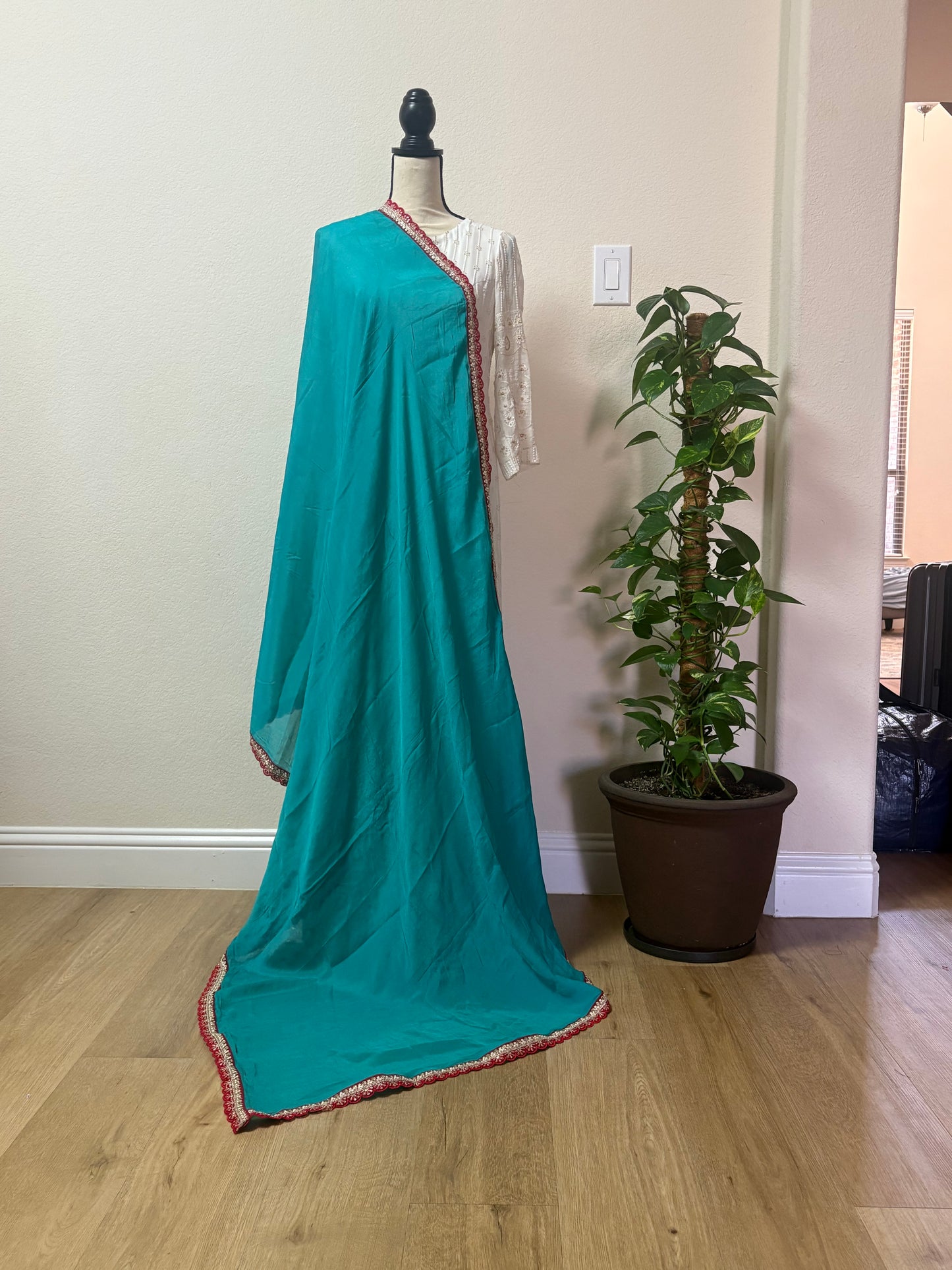 Elegant Turquoise Dupatta with Red and Gold Embellished Border