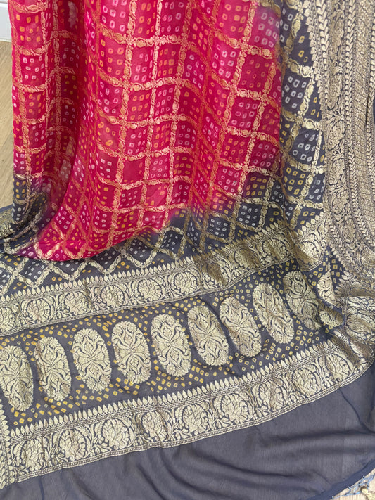 Grey-Pink Ombre Banarasi Georgette Bandhani Dupatta with Meenakari Work