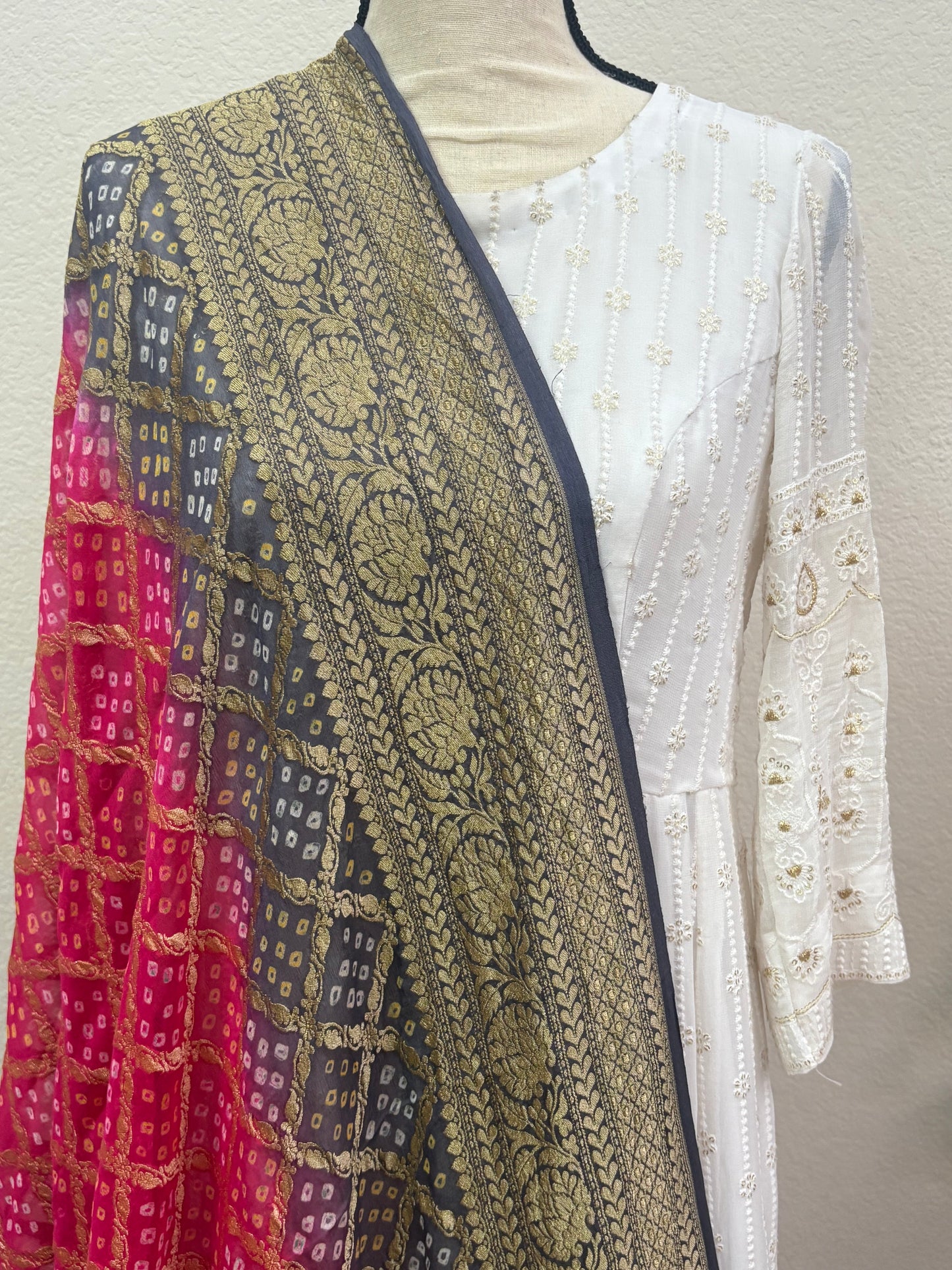 Grey-Pink Ombre Banarasi Georgette Bandhani Dupatta with Meenakari Work
