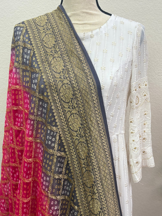 Grey-Pink Ombre Banarasi Georgette Bandhani Dupatta with Meenakari Work