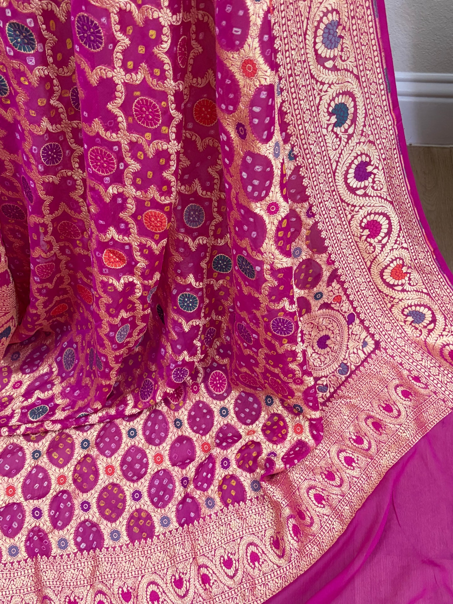Pink Banarasi Georgette Bandhani Dupatta with Meenakari Work