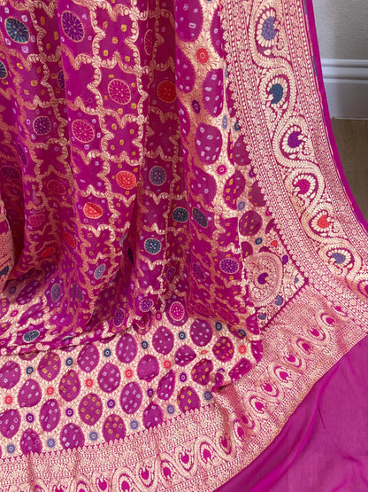 Pink Banarasi Georgette Bandhani Dupatta with Meenakari Work