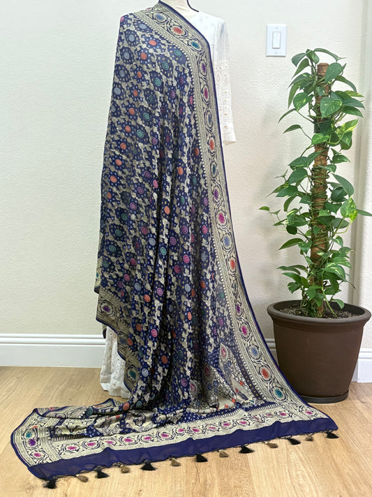 Dark Blue Banarasi Georgette Bandhani Dupatta with Meenakari Work