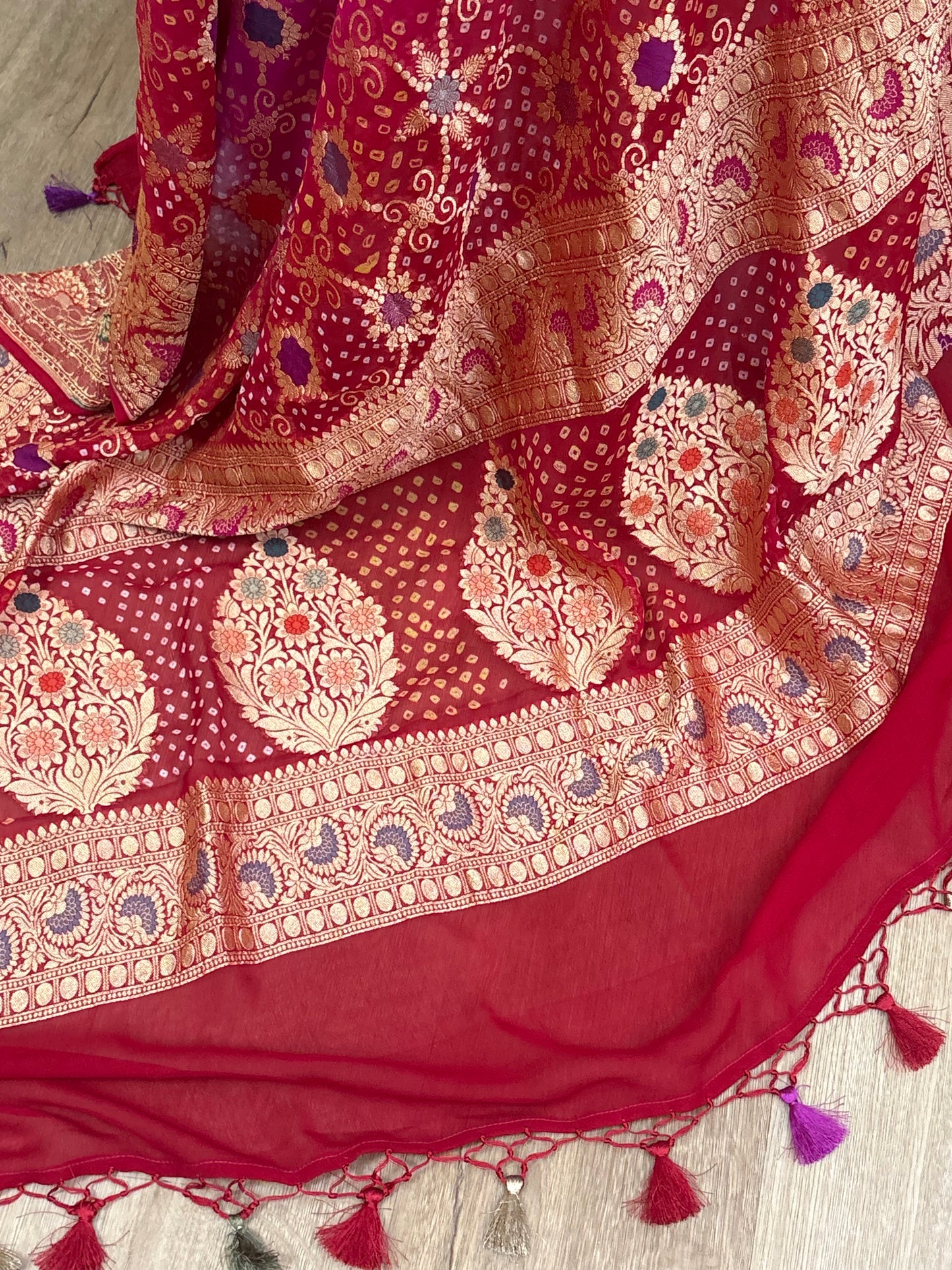 Pink and Orange Banarasi Georgette Bandhani Dupatta with Meenakari Work