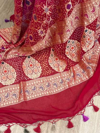 Pink and Orange Banarasi Georgette Bandhani Dupatta with Meenakari Work