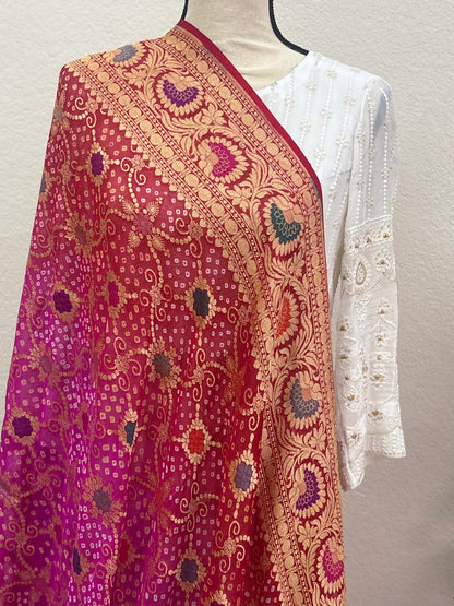 Pink and Orange Banarasi Georgette Bandhani Dupatta with Meenakari Work