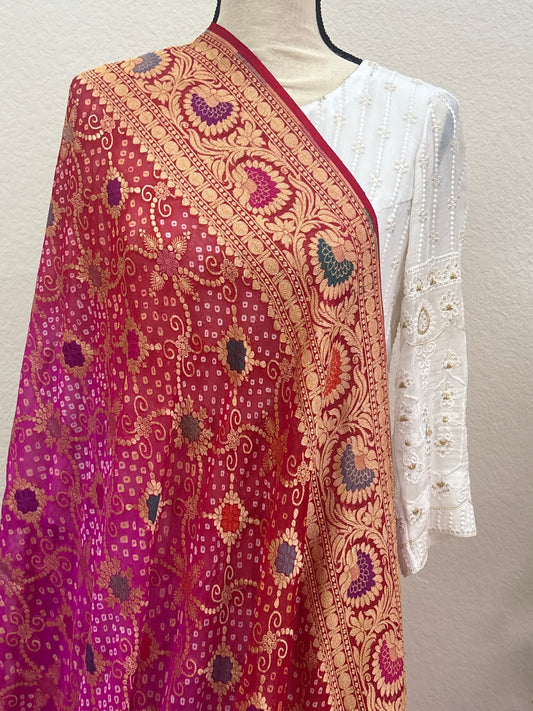 Pink and Orange Banarasi Georgette Bandhani Dupatta with Meenakari Work