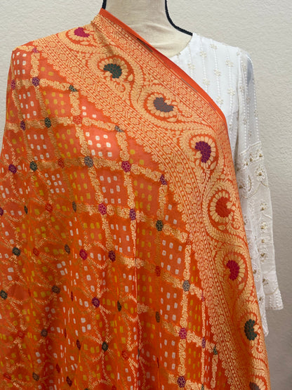 Orange Banarasi Georgette Bandhani Dupatta with Meenakari Work