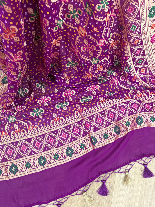 Purple Banarasi Georgette Bandhani Dupatta with Meenakari Work