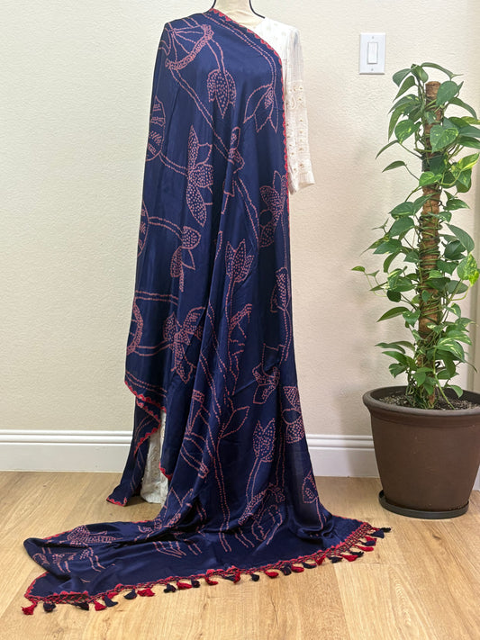 Blue Bandhani Dupatta with Pink Floral Bandhej