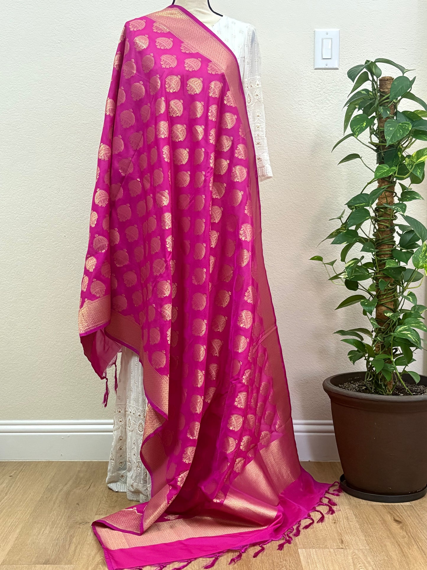 Pink Banarasi Dupatta with Gold Butti