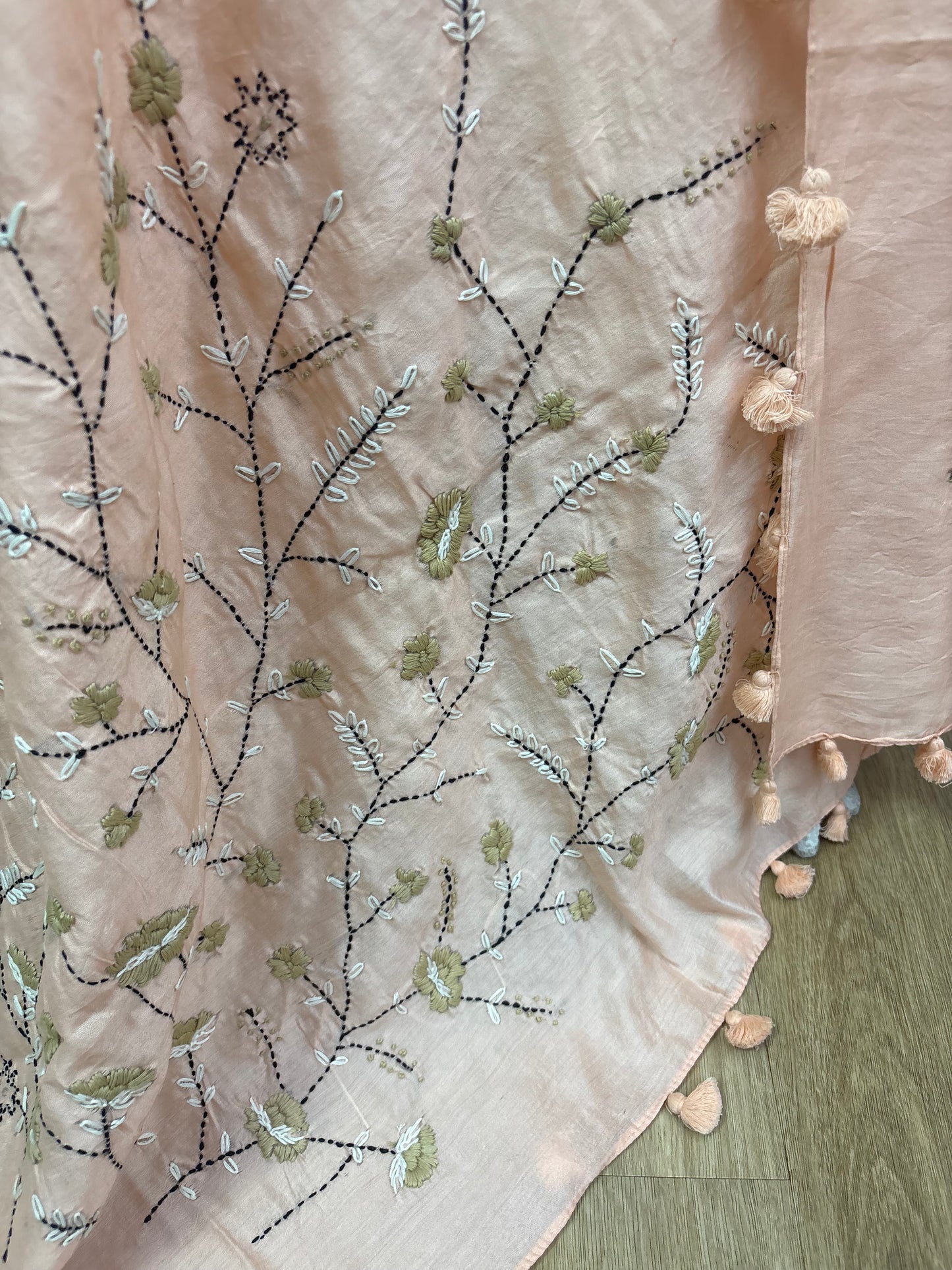 Peach Dupatta with Thread Work and Cotton Ball Borde